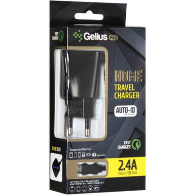 СЗУ Gelius Pro Edition Auto ID 2USB + Cable MicroUSB 2.4A Black (12 міс) 31451 фото