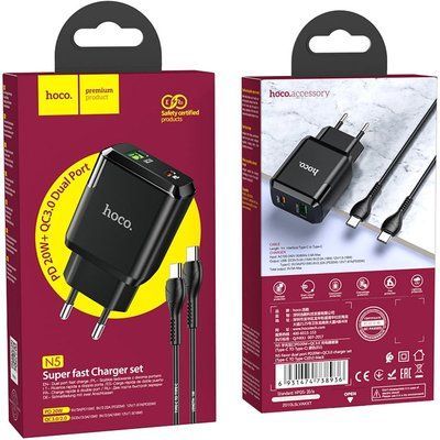 СЗУ 1USB + Type-C Hoco N5 PD20W+QC3.0 Black + Cable Type-C to Type-C 31464 фото