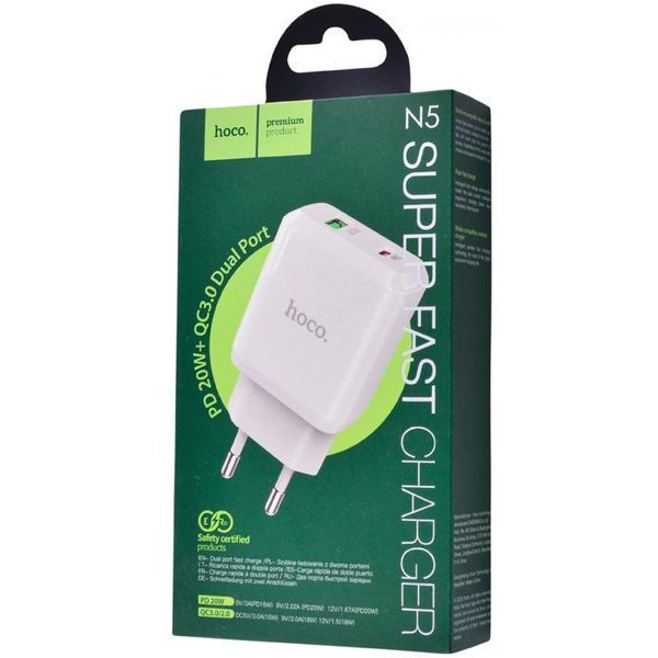 СЗУ 1USB + Type-C Hoco N5 PD20W+QC3.0 White + Cable Type-C to Type-C 31466 фото