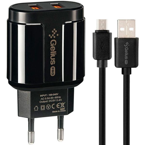 Мережевий зарядний пристрій Gelius Pro Avangard GP-HC06 2USB 2.4A + кабель MicroUSB Black 31498 фото