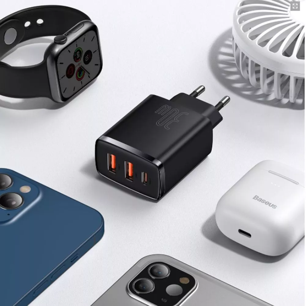 copy_СЗУ Baseus Compact Quick Charger 30W QC+ PD (1Type-C + 2USB) Black 31419 фото