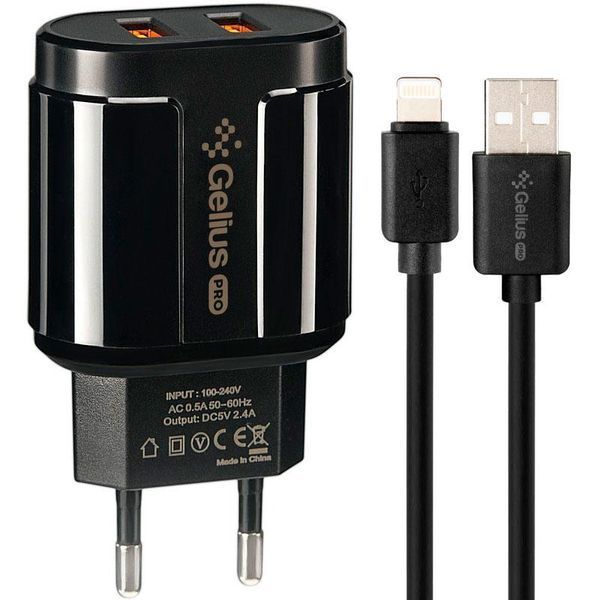 СЗУ Gelius Pro Avangard GP-HC06 2USB 2.4A + Cable iPhone X Black (12 міс) 31440 фото