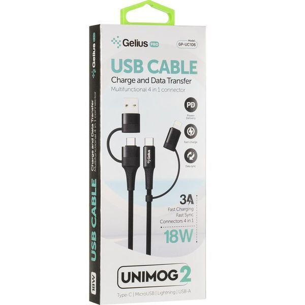 USB Cable Gelius Pro Unimog 2 GP-UC106 4in1 (USB-AType to Type-CLightning) PD Black (18W) 31317 фото
